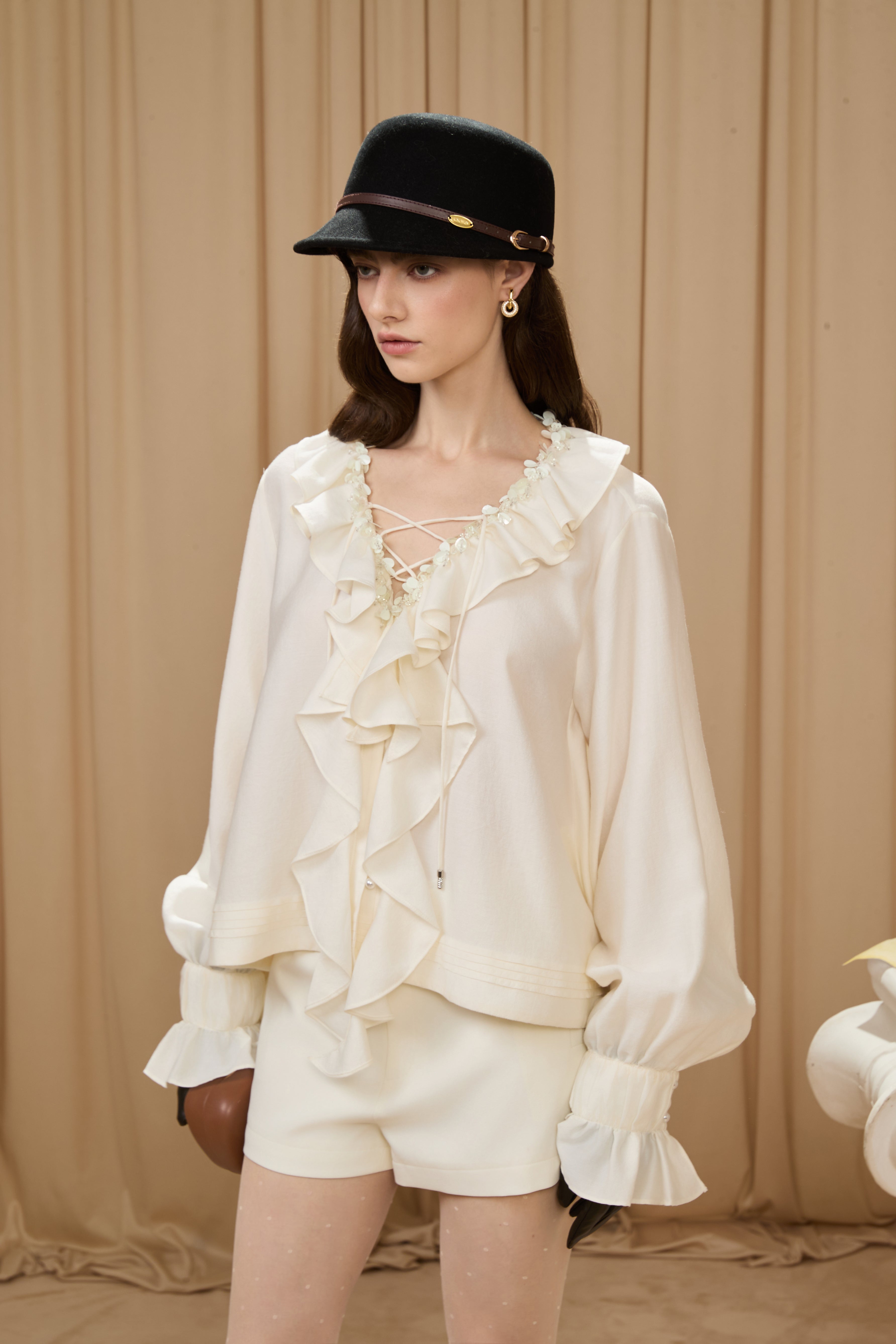 Oversized V-Neck Tie Top with Sequin Ruffle Trim