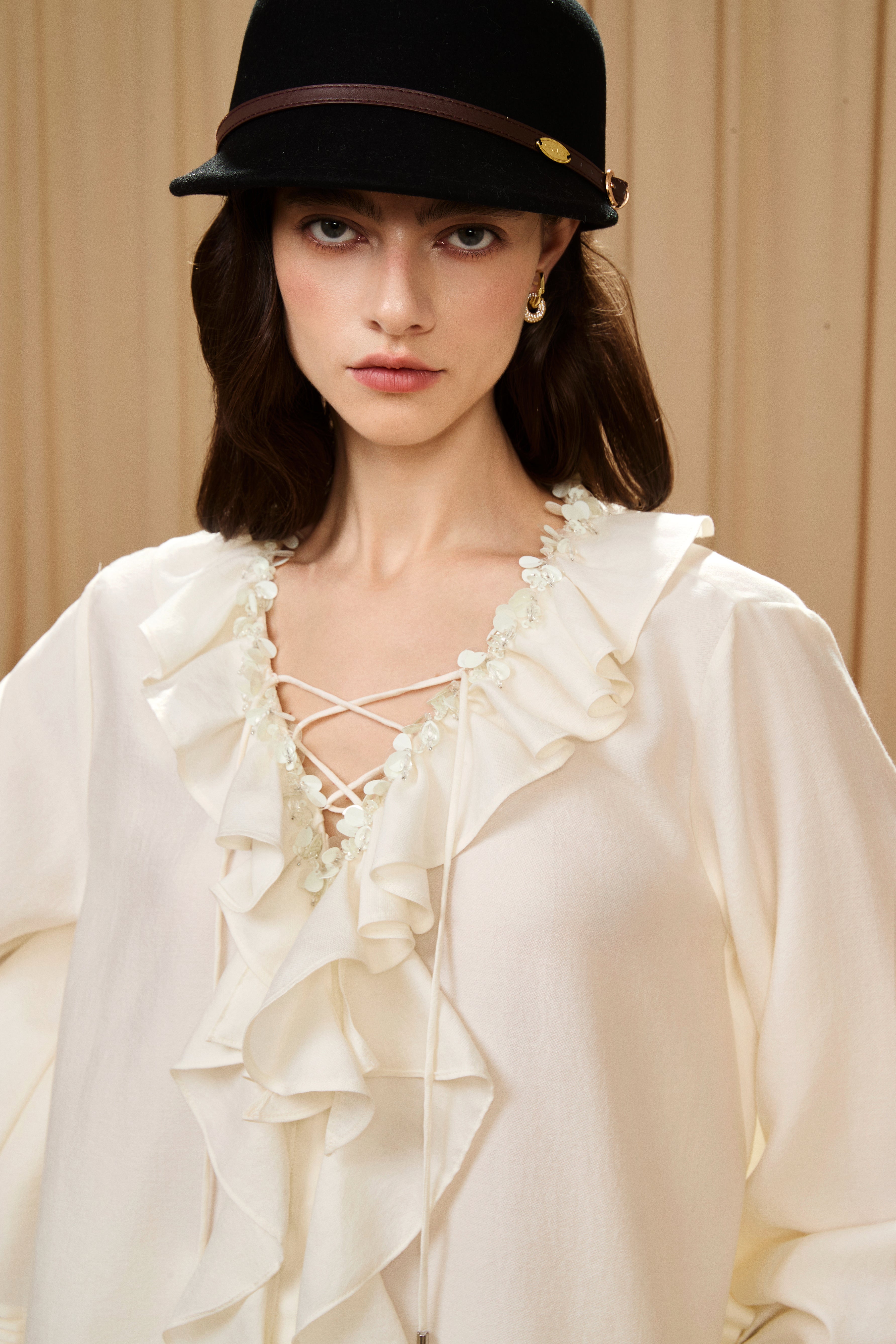 Oversized V-Neck Tie Top with Sequin Ruffle Trim