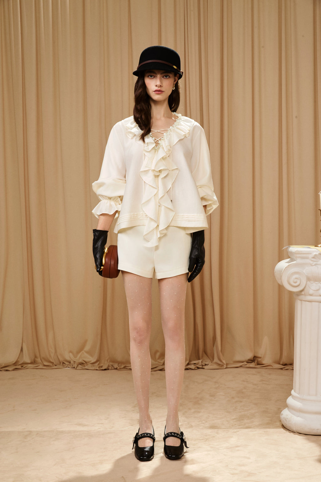 Oversized V-Neck Tie Top with Sequin Ruffle Trim