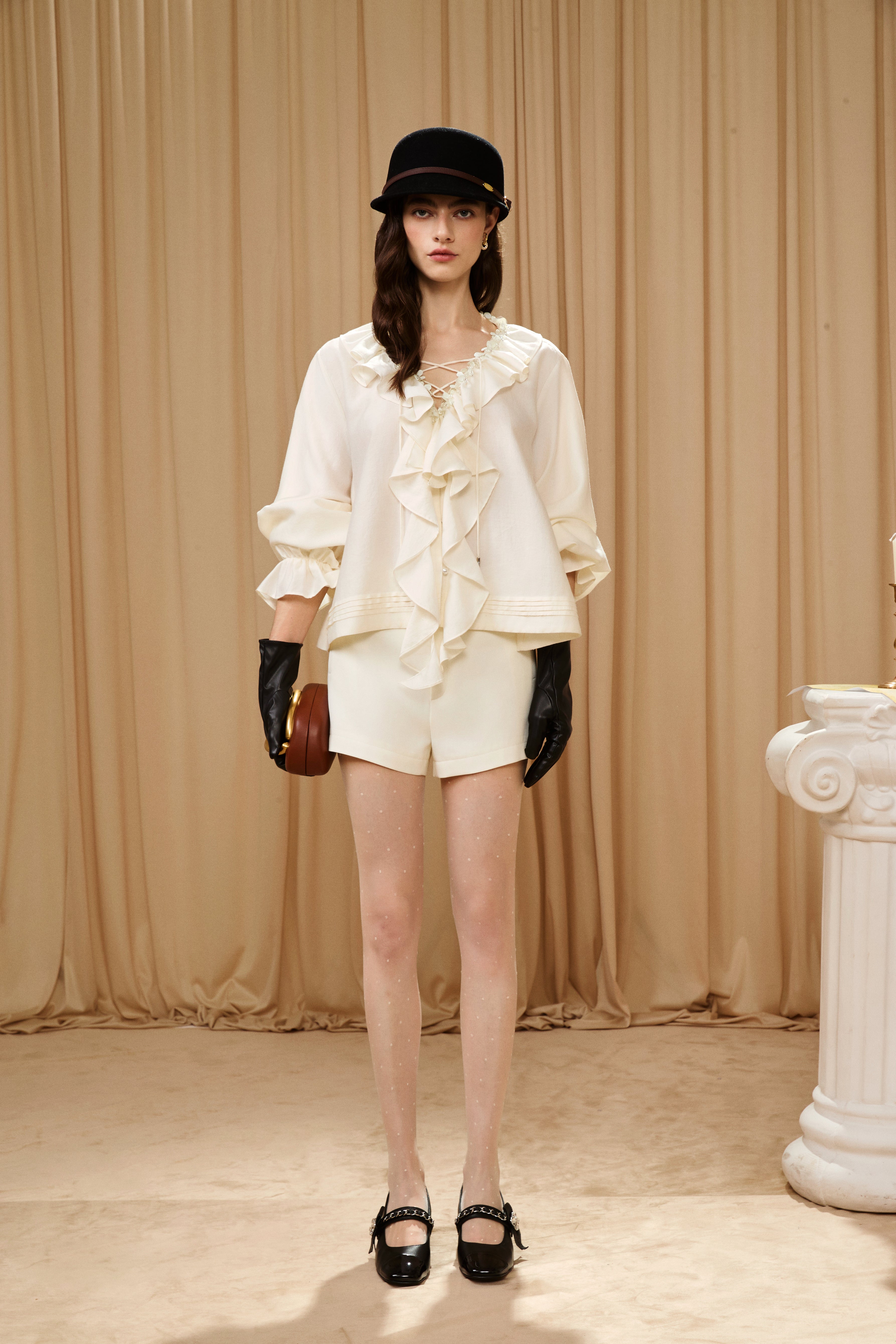 Oversized V-Neck Tie Top with Sequin Ruffle Trim
