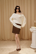 White Off-Shoulder Leather Buckle Iris Pattern Sweater