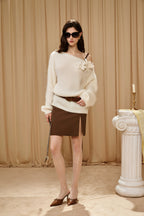 White Off-Shoulder Leather Buckle Iris Pattern Sweater