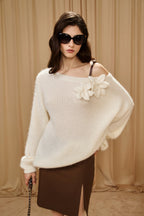 White Off-Shoulder Leather Buckle Iris Pattern Sweater