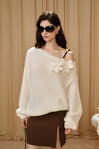 White Off-Shoulder Leather Buckle Iris Pattern Sweater