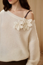 White Off-Shoulder Leather Buckle Iris Pattern Sweater