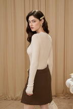 White V-Neck Tie Lace Wool Knit Top
