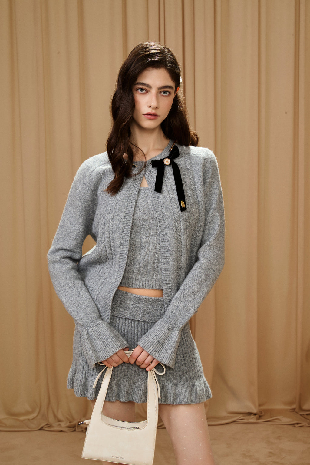Grey Bow Spliced Chain Cardigan/ Skirt