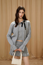 Grey Bow Spliced Chain Cardigan/ Skirt