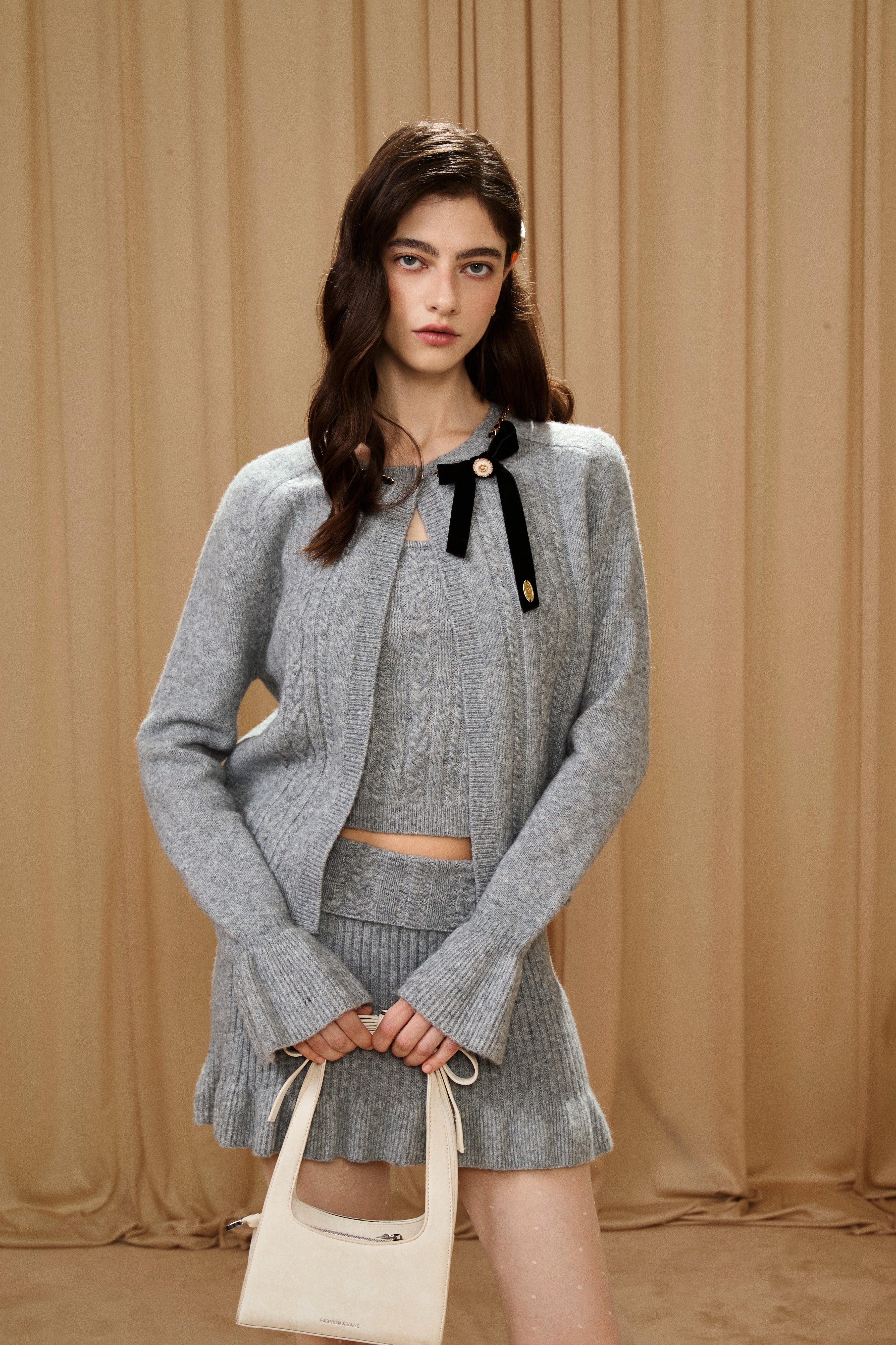 Grey Bow Spliced Chain Cardigan/ Skirt