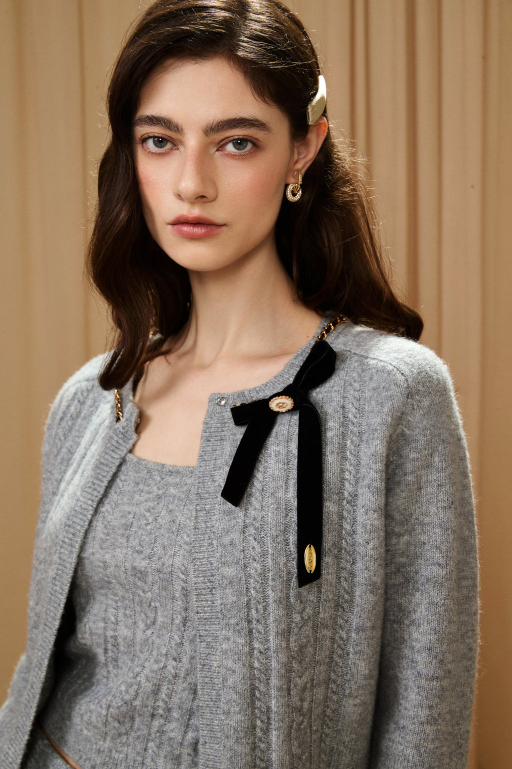 Grey Bow Spliced Chain Cardigan/ Skirt