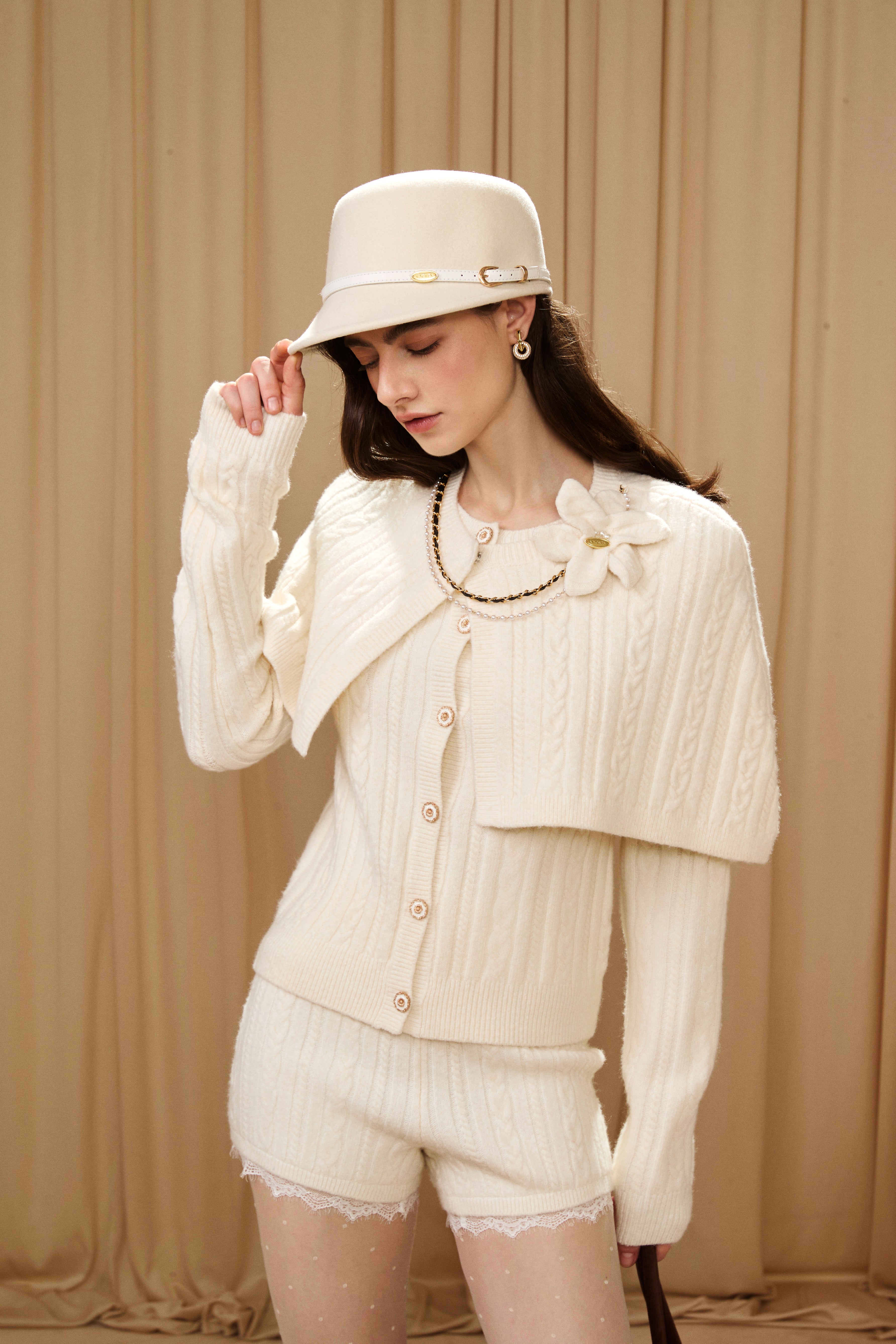 White Iris Pearl Knit Cape Cardigan / Pants