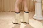 White & Black Spliced Bow Shaft Ankle Boots