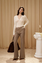 White V-Neck Tie Lace Wool Knit Top