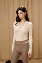 White V-Neck Tie Lace Wool Knit Top
