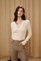 White V-Neck Tie Lace Wool Knit Top