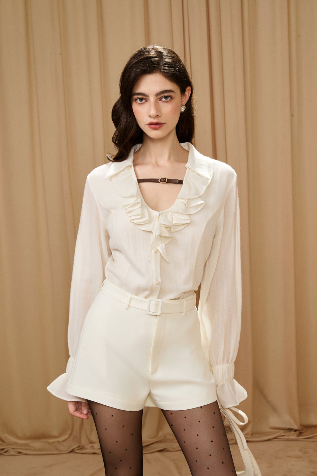 Beige V-Neck Blouse with Belt Buckle & Ruffle Trim