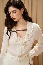 Beige V-Neck Blouse with Belt Buckle & Ruffle Trim