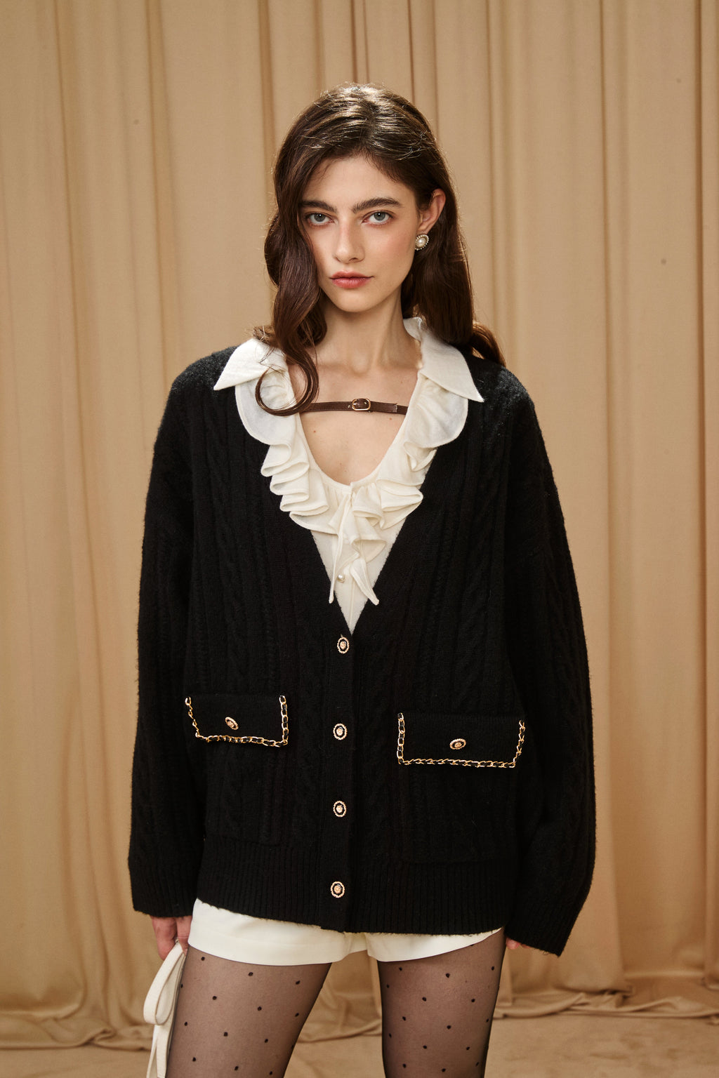 Black Oversized Knit Chain Detail Gold Button Cardigan Coat