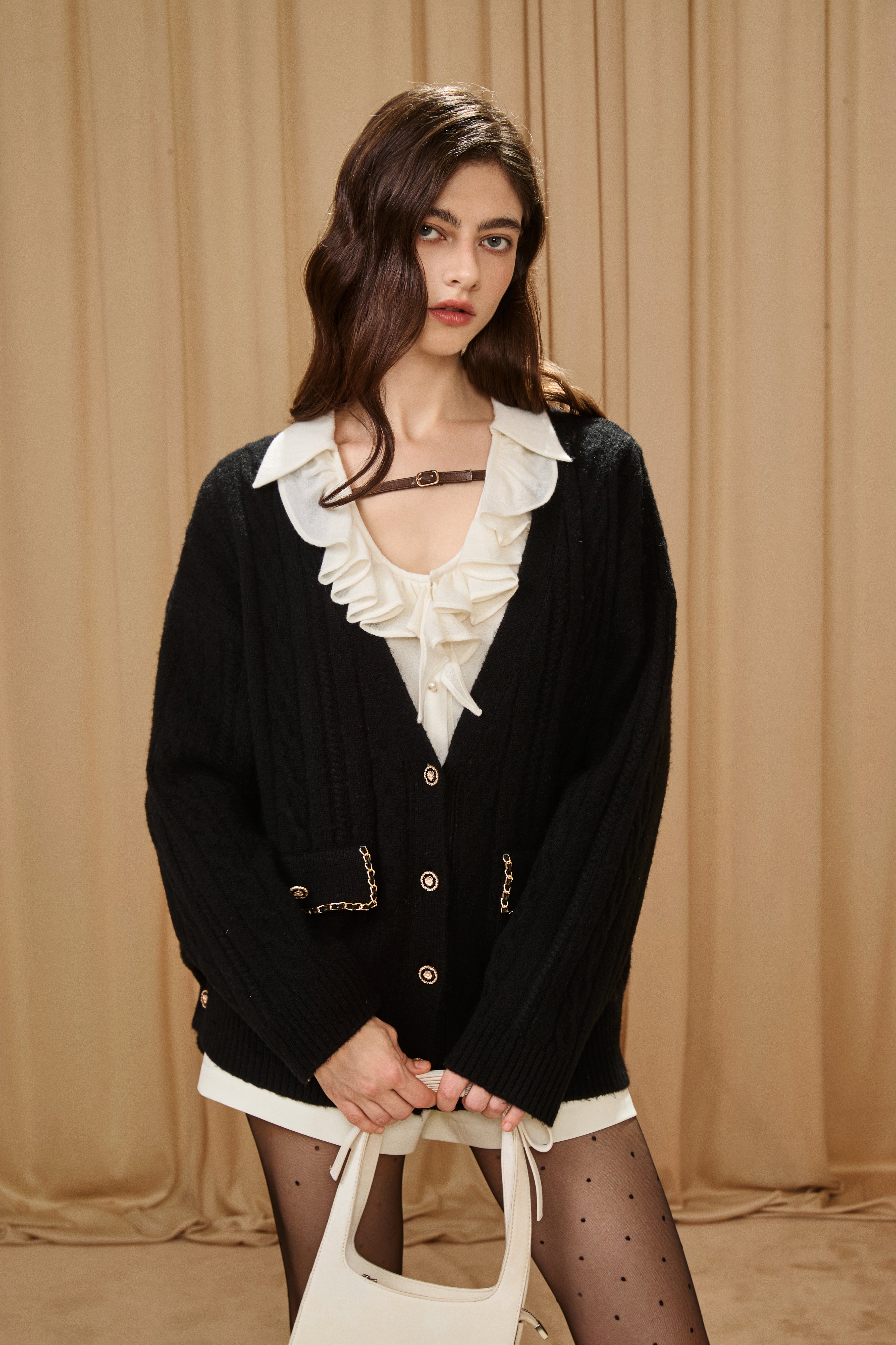 Black Oversized Knit Chain Detail Gold Button Cardigan Coat