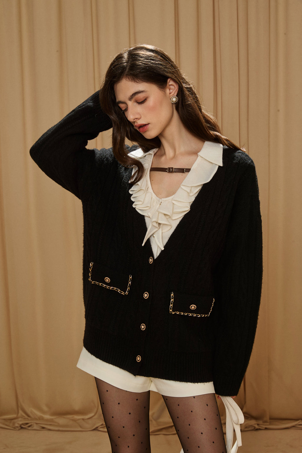 Black Oversized Knit Chain Detail Gold Button Cardigan Coat