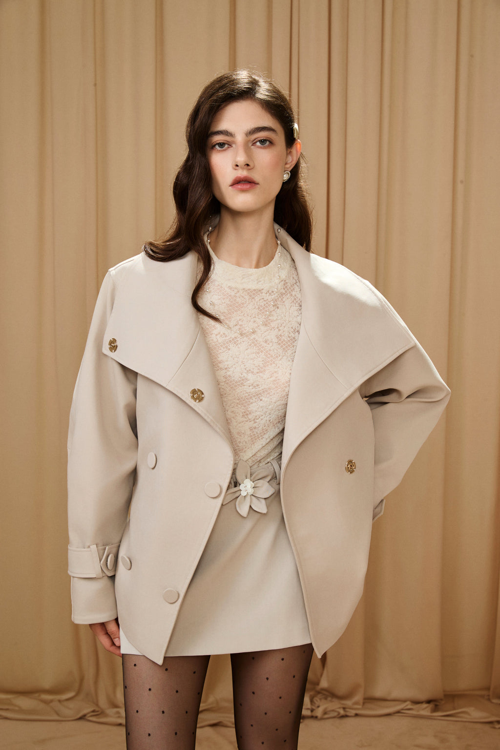 Light Grey Stand Collar Double-Breasted Chain Trench Coat
