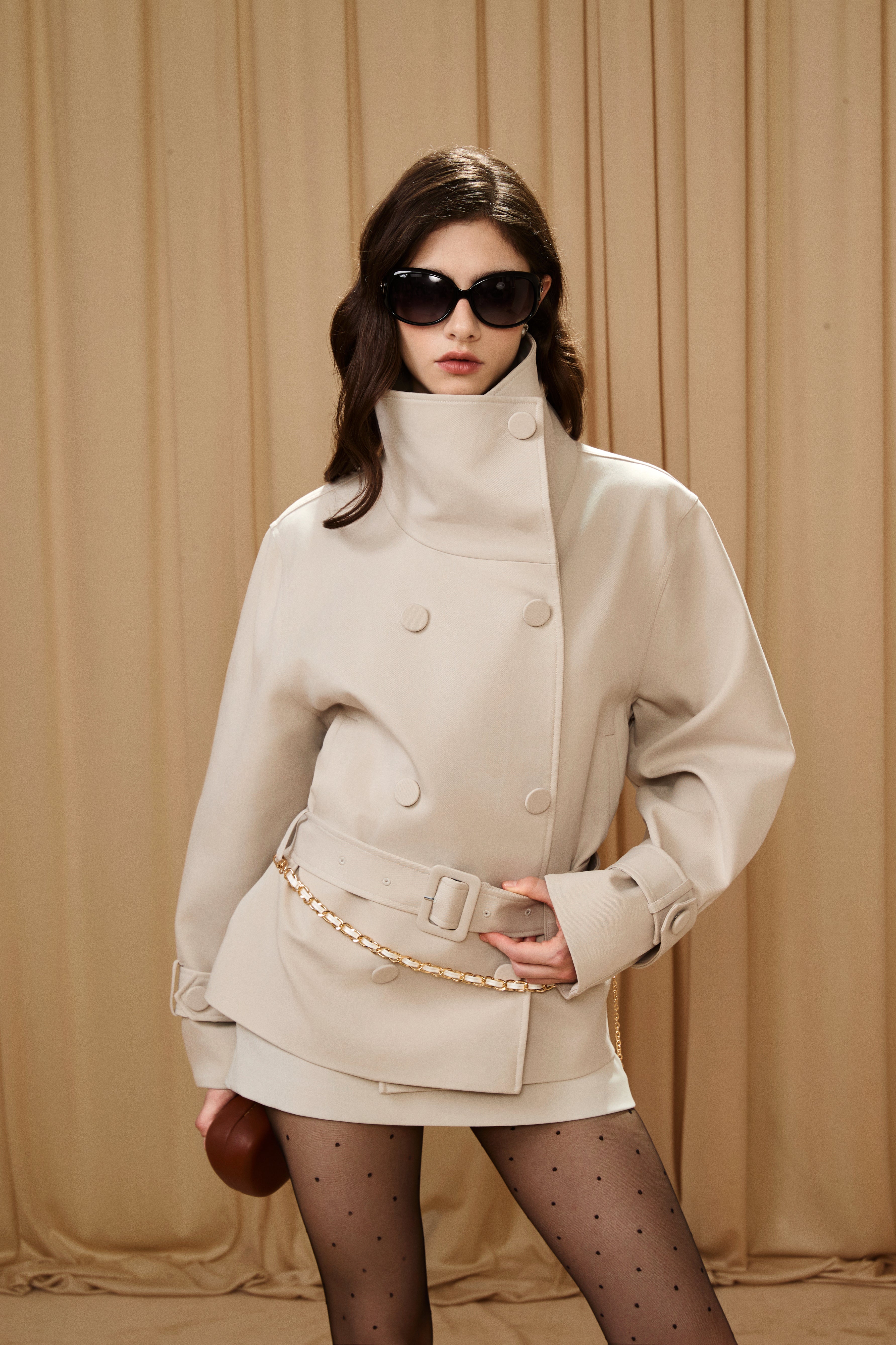 Light Grey Stand Collar Double-Breasted Chain Trench Coat