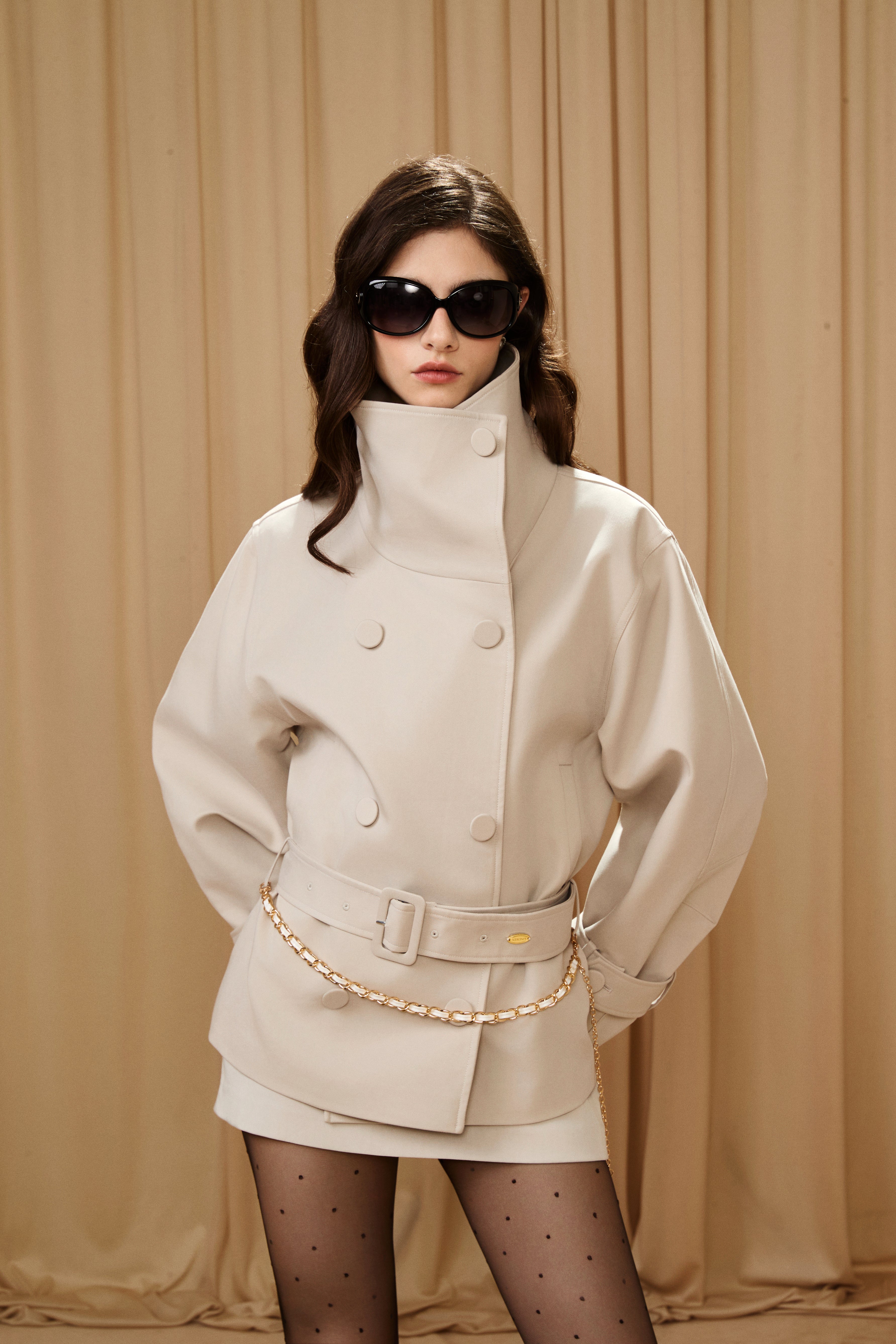 Light Grey Stand Collar Double-Breasted Chain Trench Coat