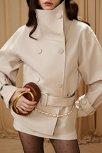 Light Grey Stand Collar Double-Breasted Chain Trench Coat