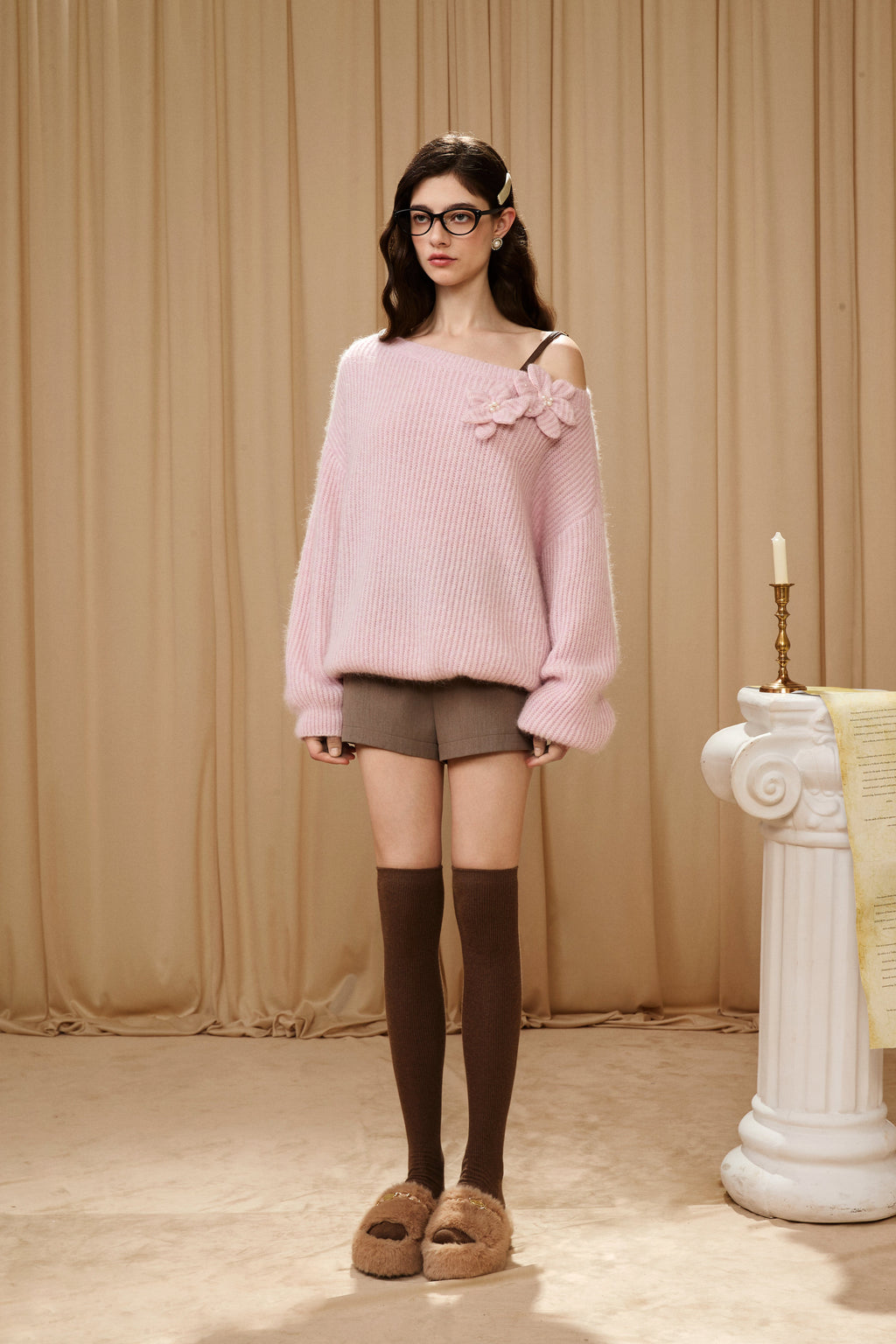 Pink Off-Shoulder Leather Buckle Iris Pattern Sweater