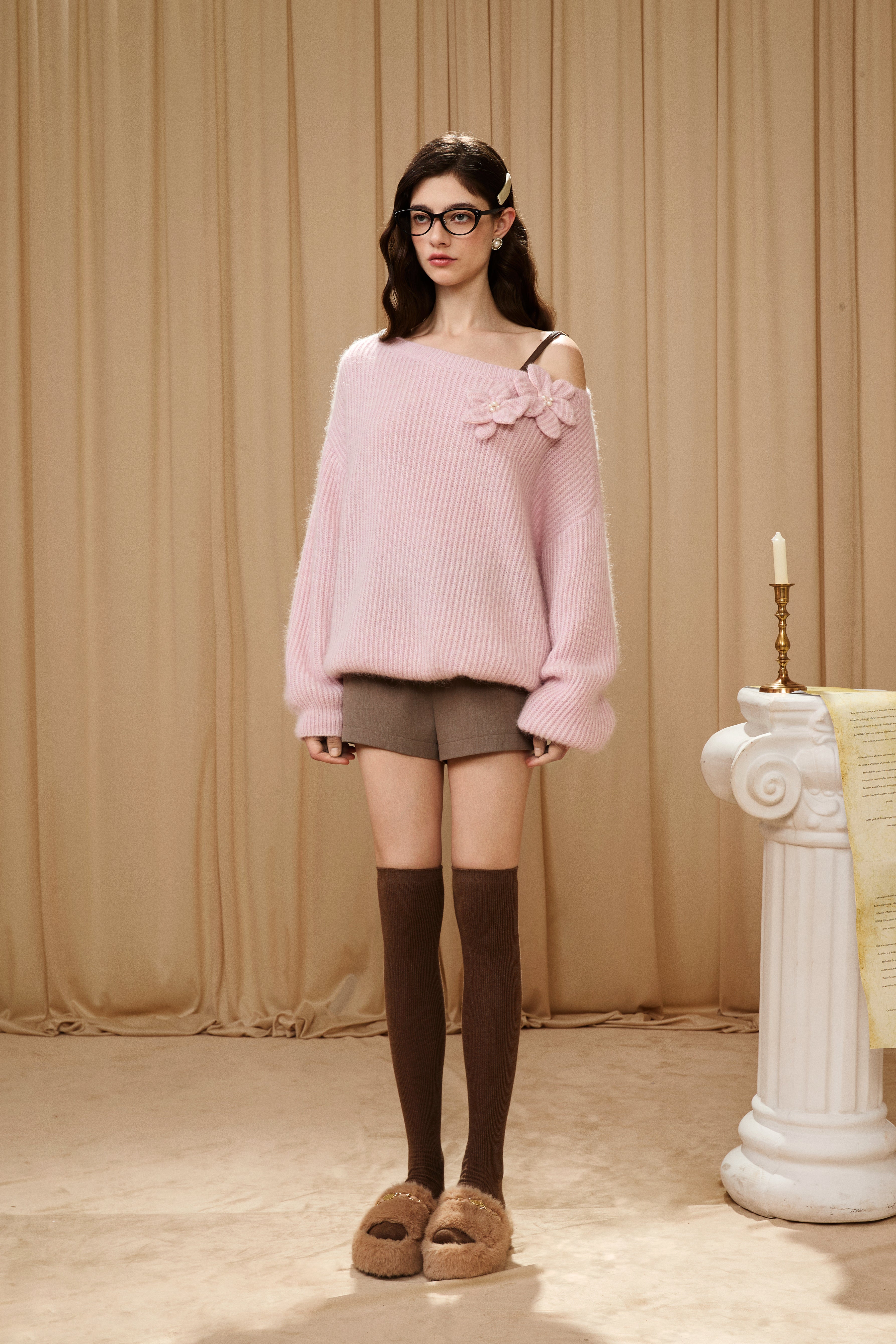 Pink Off-Shoulder Leather Buckle Iris Pattern Sweater