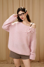 Pink Off-Shoulder Leather Buckle Iris Pattern Sweater