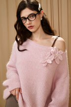 Pink Off-Shoulder Leather Buckle Iris Pattern Sweater