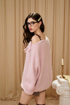 Pink Off-Shoulder Leather Buckle Iris Pattern Sweater