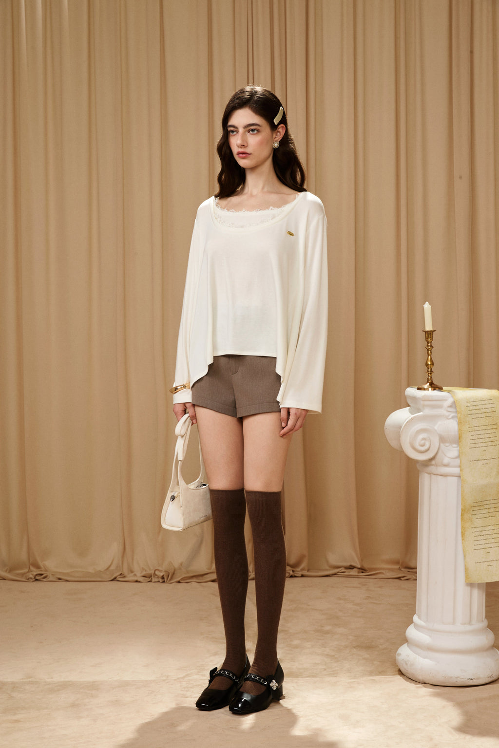 White Lace Panel Oversized Mock Two-Piece Base Top