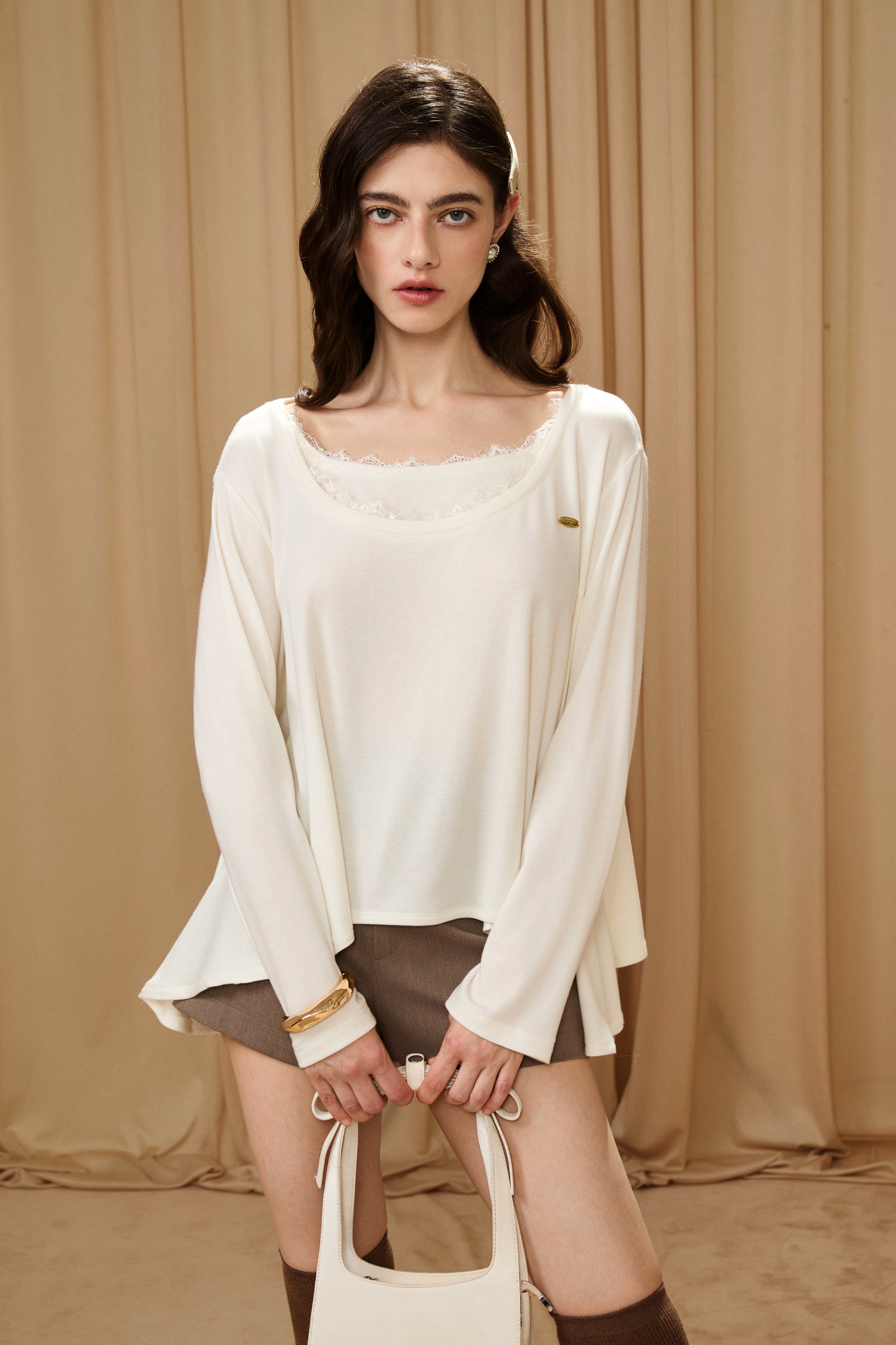 White Lace Panel Oversized Mock Two-Piece Base Top