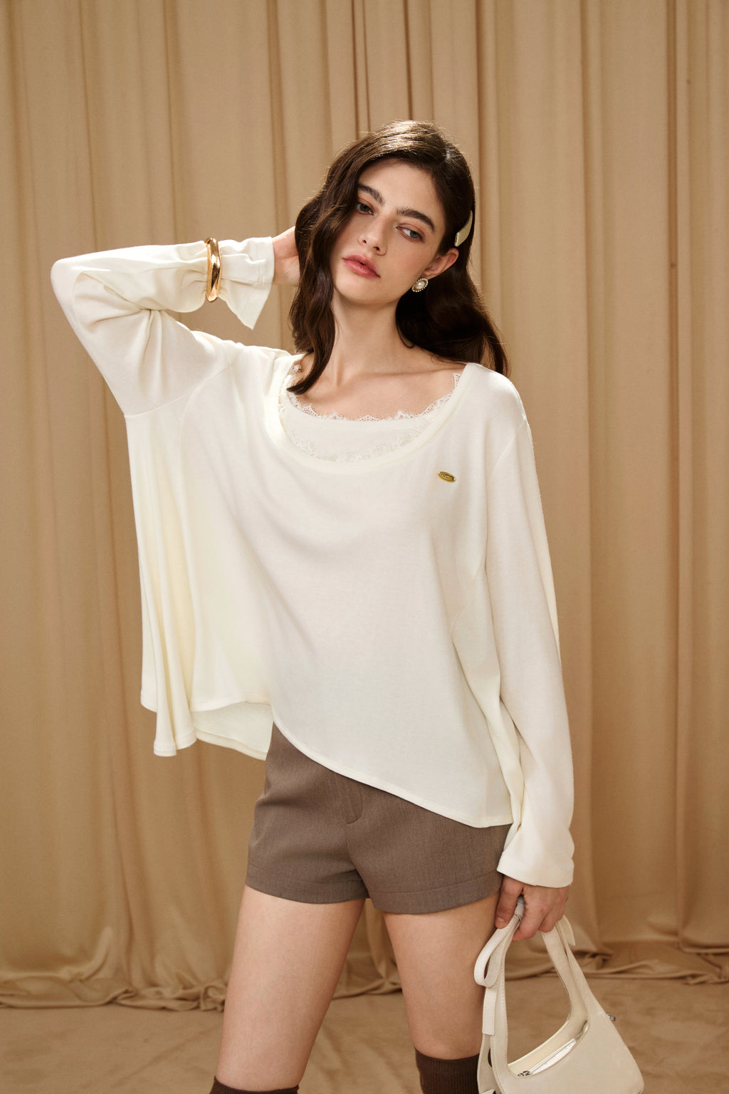 White Lace Panel Oversized Mock Two-Piece Base Top