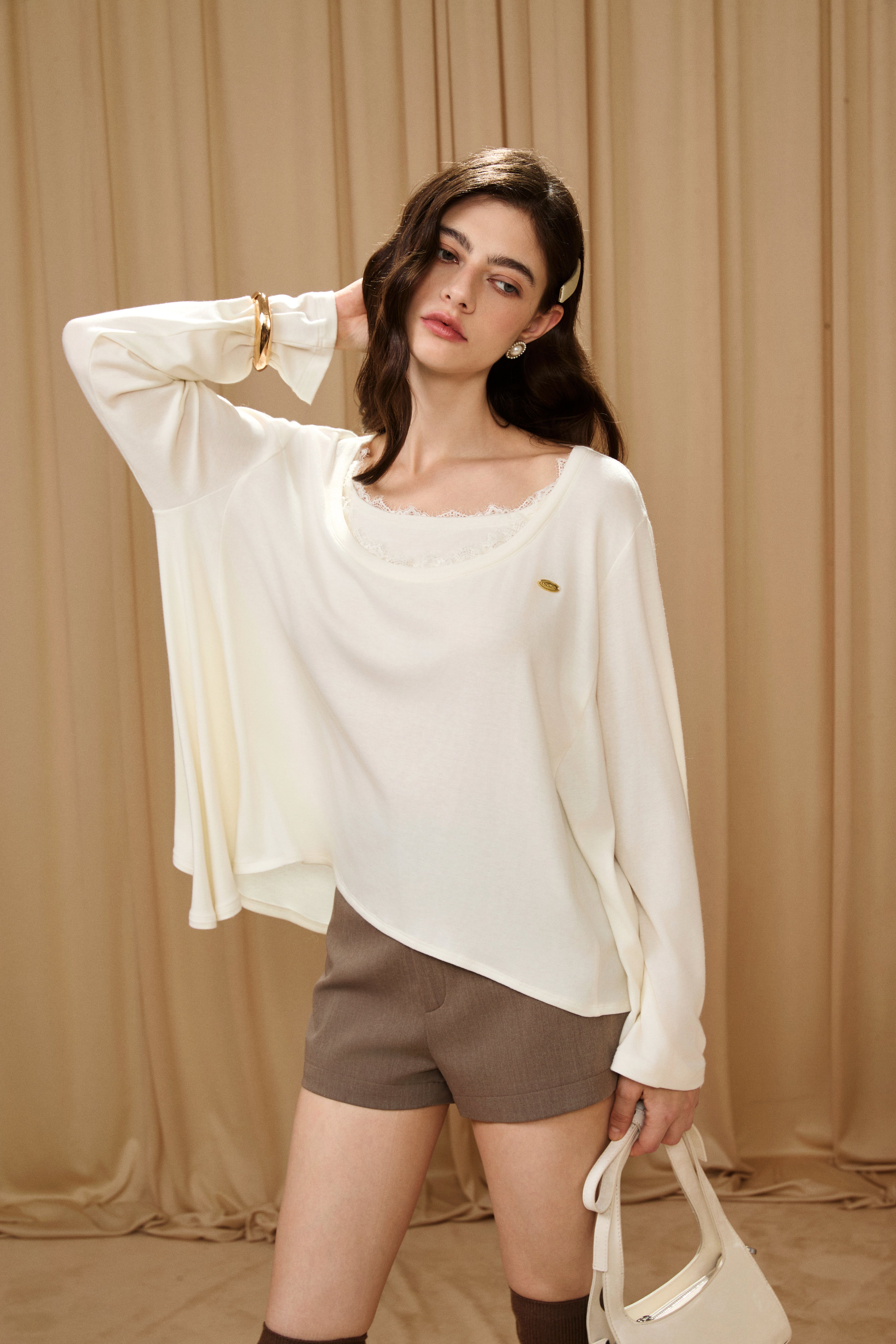 White Lace Panel Oversized Mock Two-Piece Base Top
