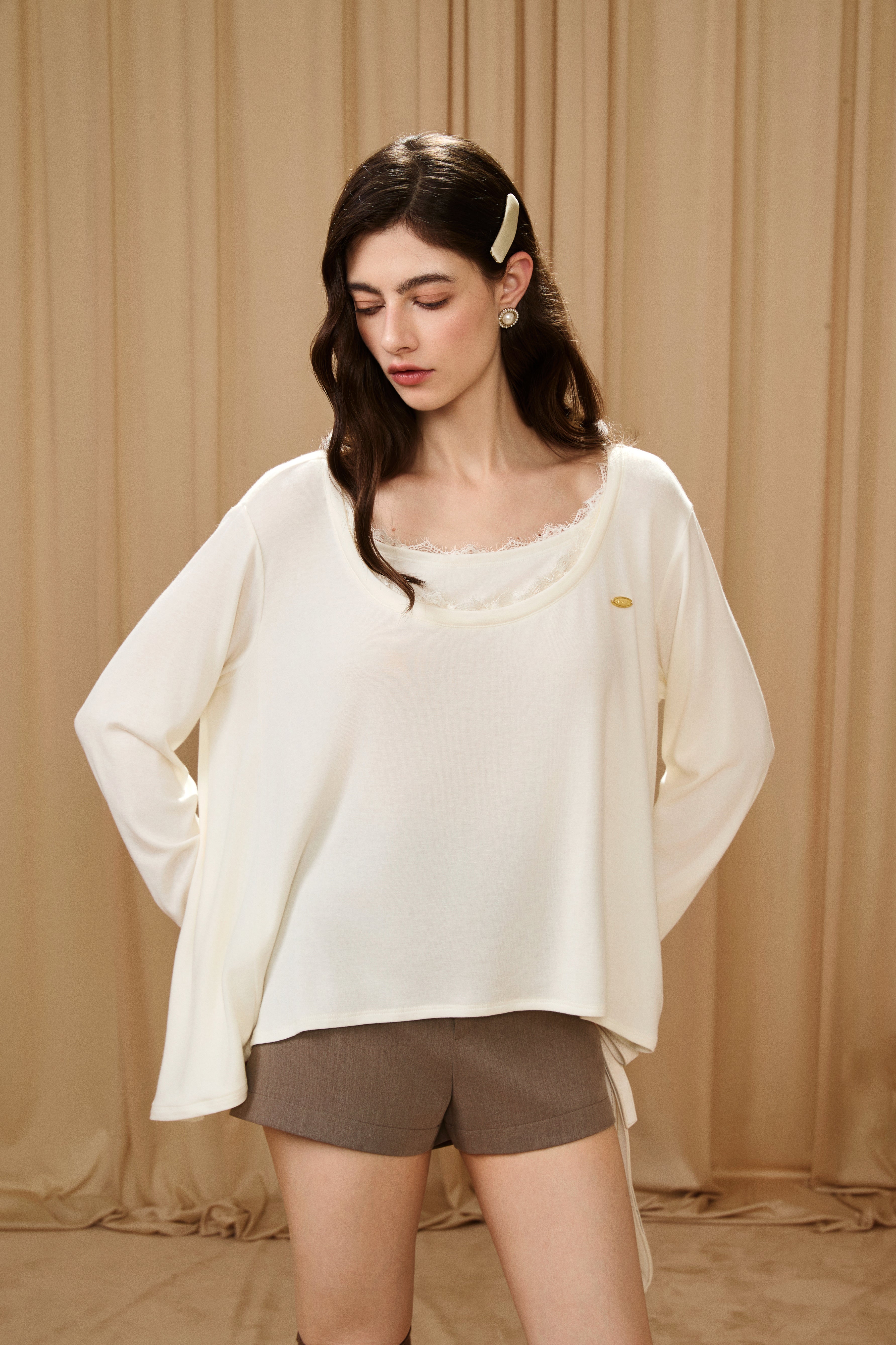 White Lace Panel Oversized Mock Two-Piece Base Top