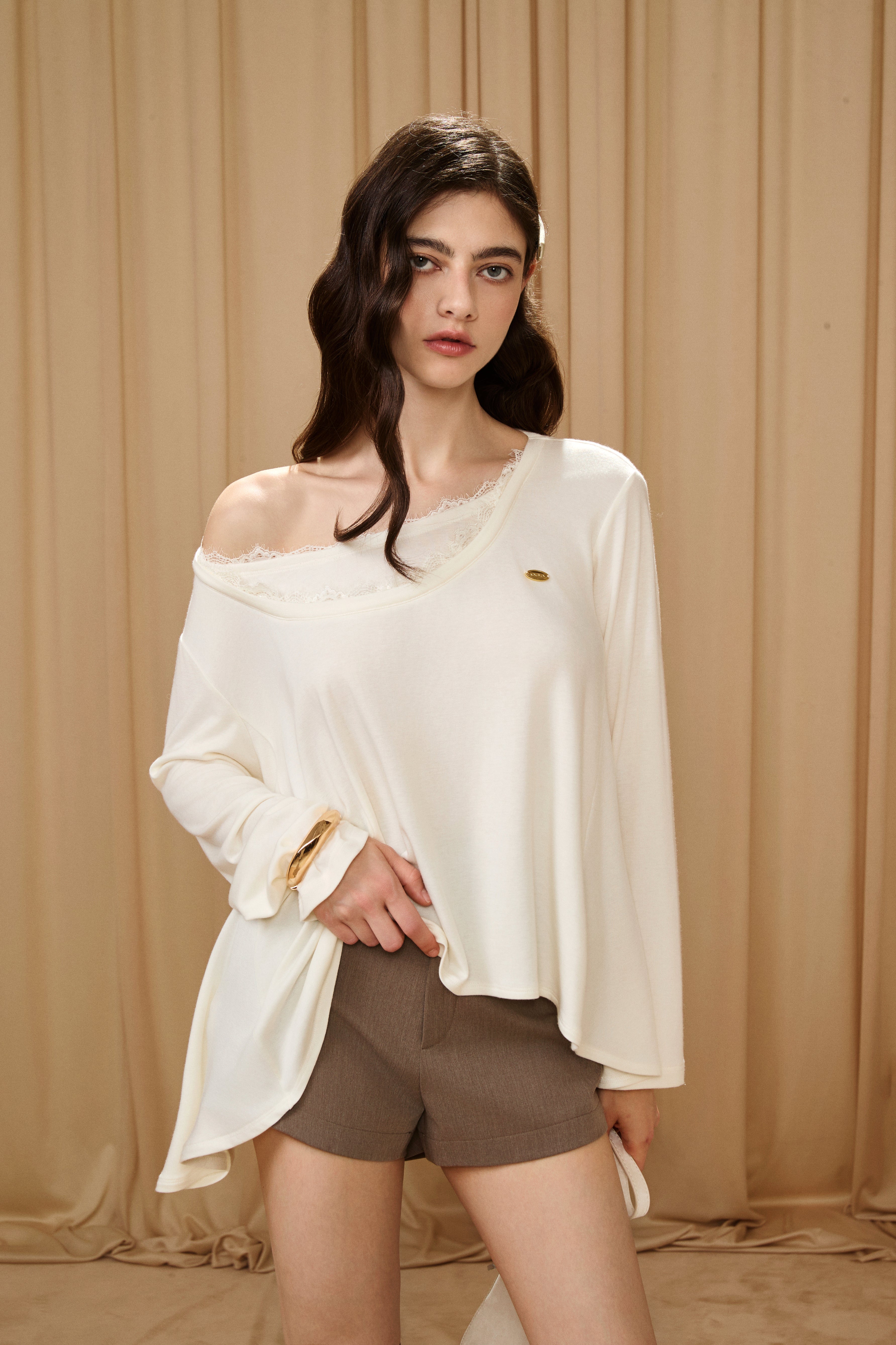 White Lace Panel Oversized Mock Two-Piece Base Top