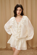 White V-Neck Lace Ruffle Panel Tie Dress