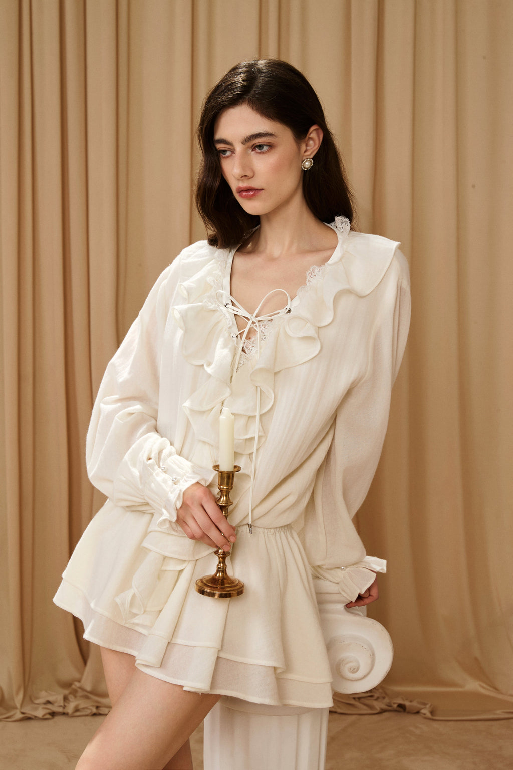 White V-Neck Lace Ruffle Panel Tie Dress