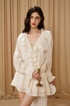 White V-Neck Lace Ruffle Panel Tie Dress