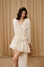 White V-Neck Lace Ruffle Panel Tie Dress