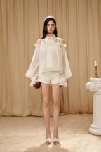 White Off-Shoulder Glitter Mesh Twin Set Top
