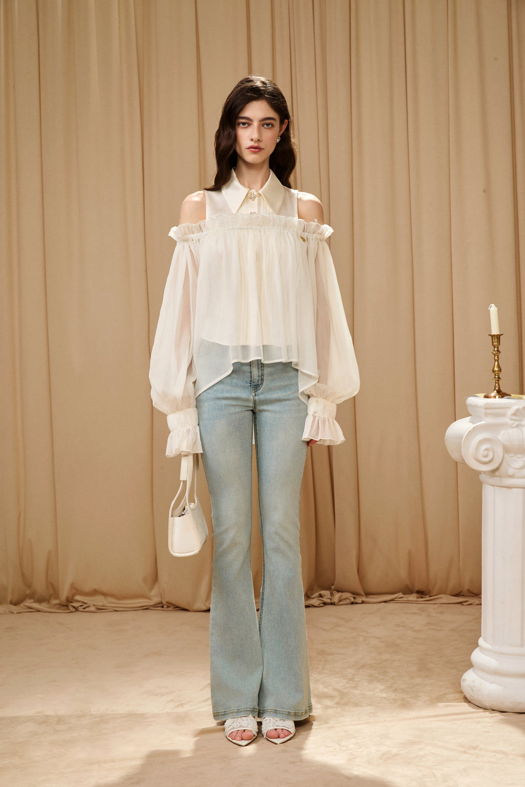 White Off-Shoulder Glitter Mesh Twin Set Top