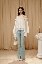 White Off-Shoulder Glitter Mesh Twin Set Top