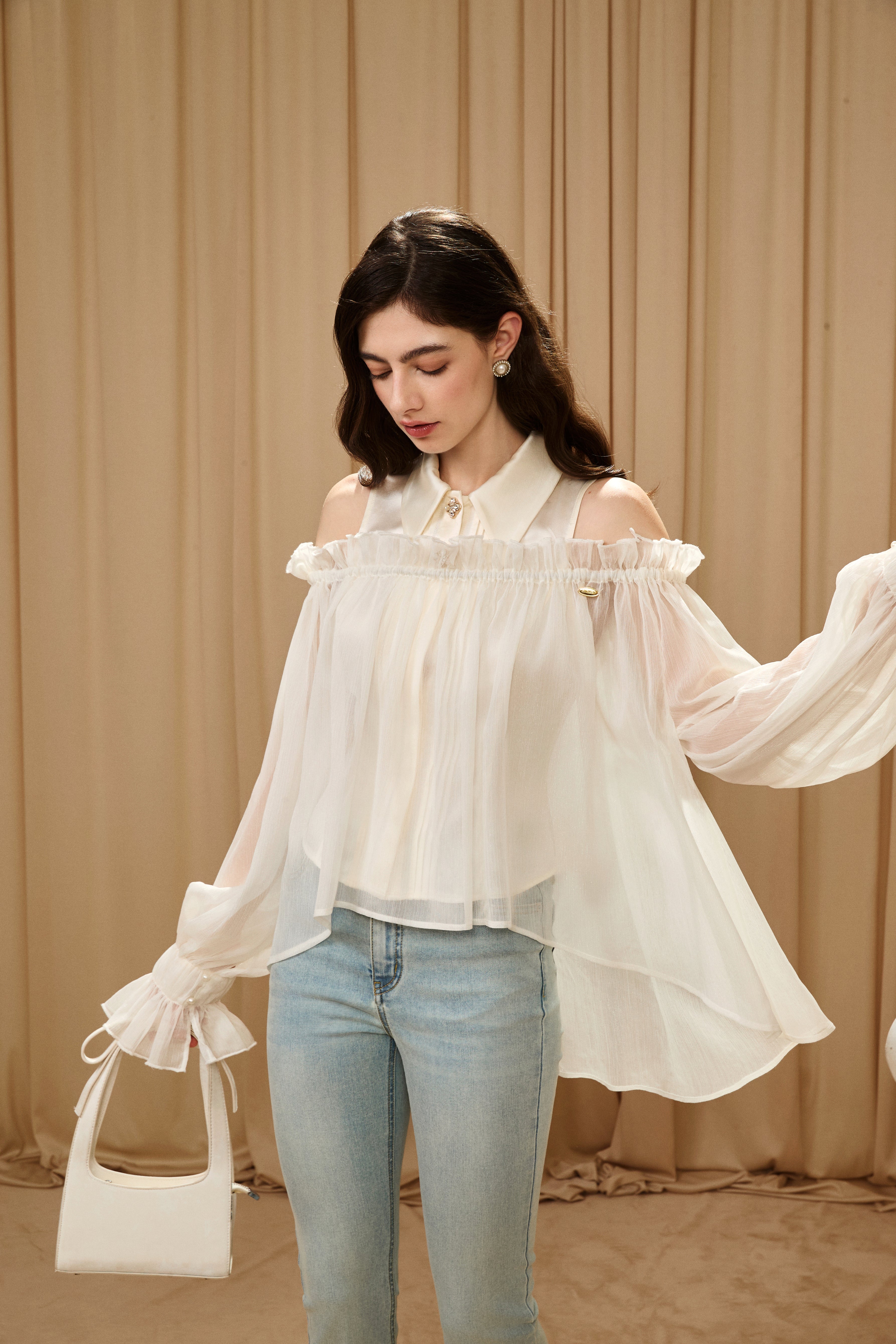 White Off-Shoulder Glitter Mesh Twin Set Top