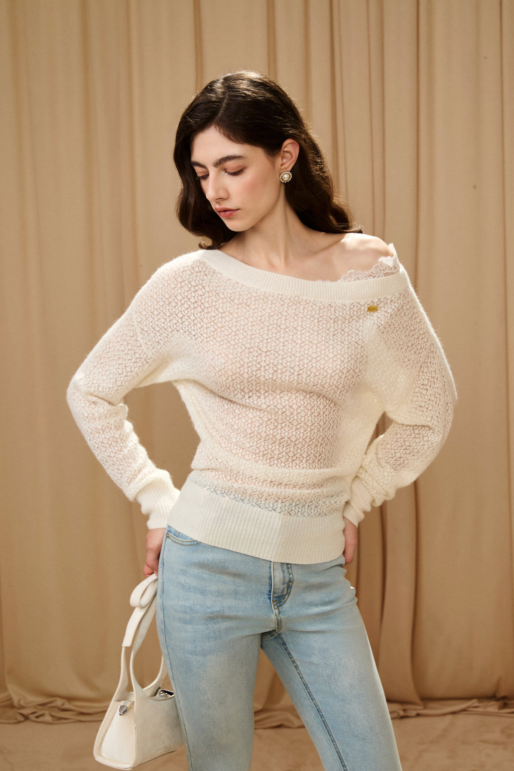 White Lace Panel Shell Knit Cardigan