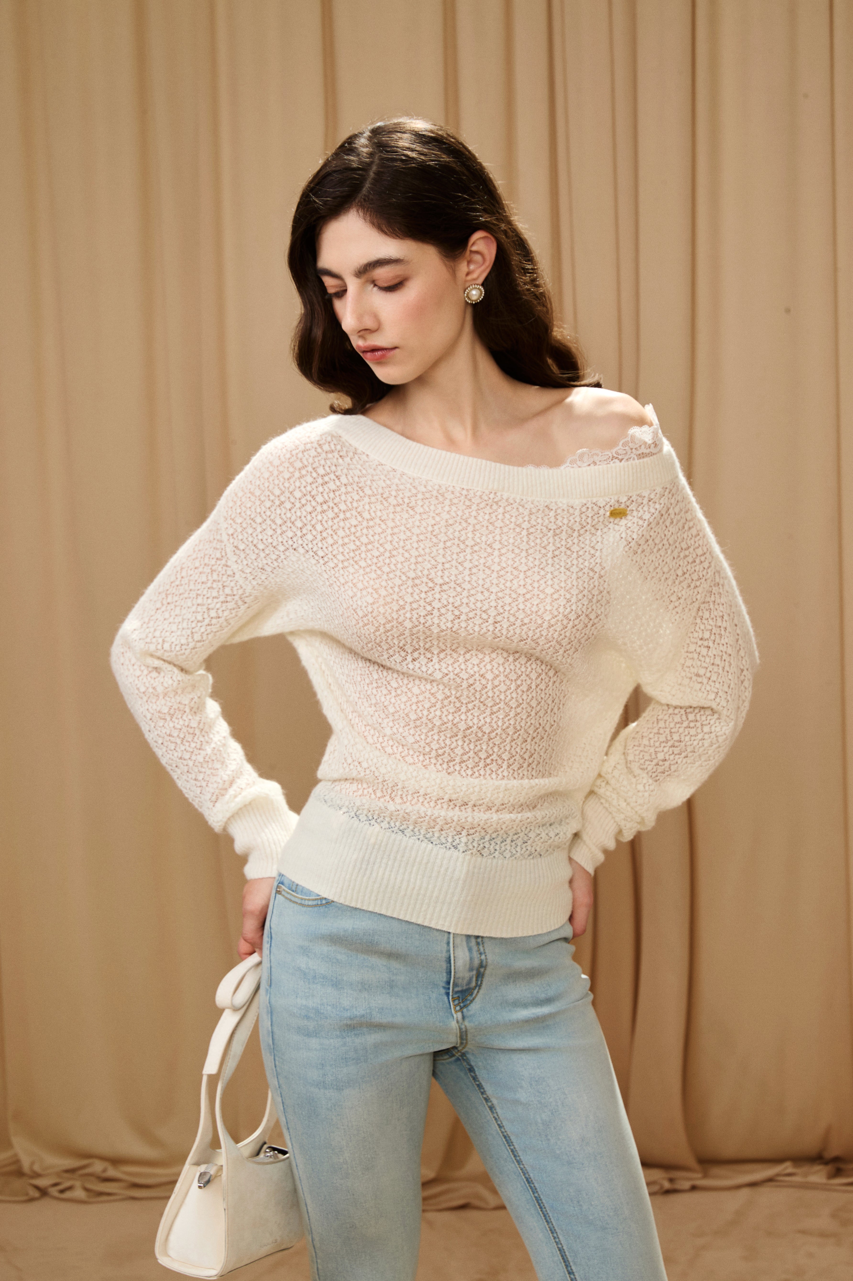 White Lace Panel Shell Knit Cardigan