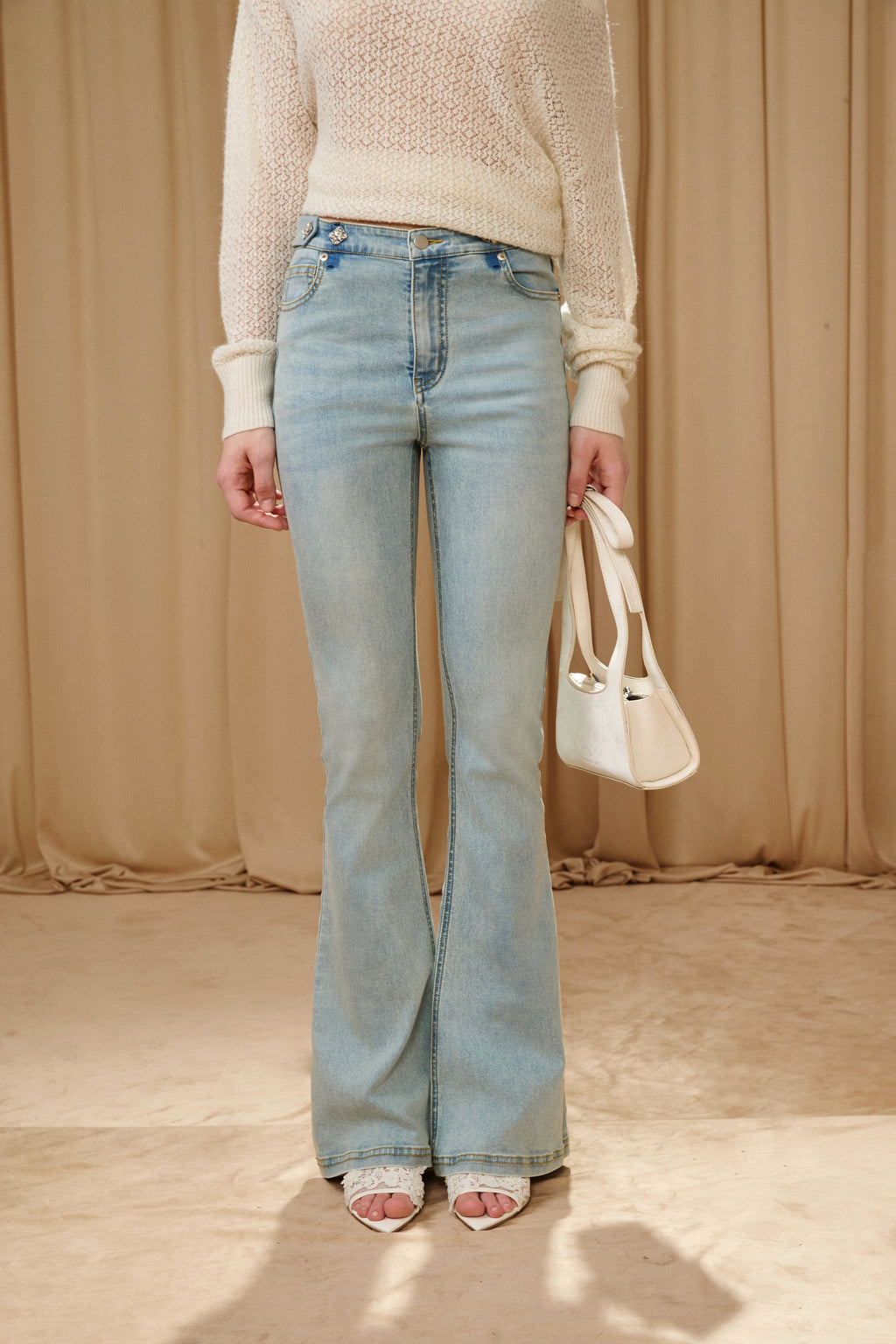 Light Blue Slim Fit Flare Jeans with Metal Buckle